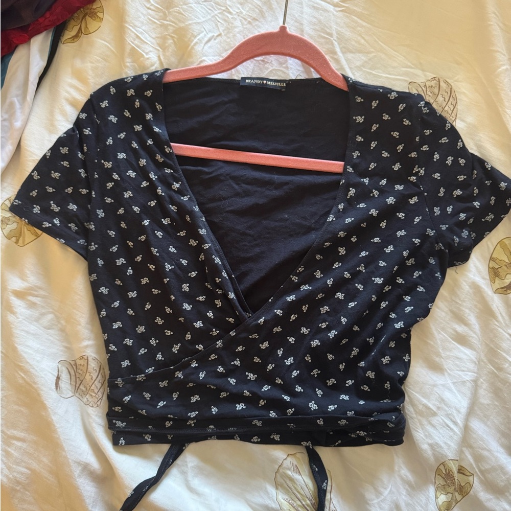 Brandy Melville Black Floral Wrap Top